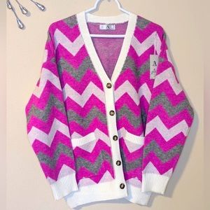 Fabulous Bright Warm & Cozy Pink and Gray Chevron Cardigan Women's Sweater L/XL